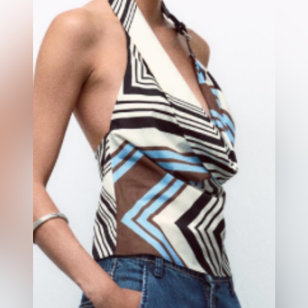 ZARA Multi-Colored Front Draped 100% Cotton Top - Size L - NEW